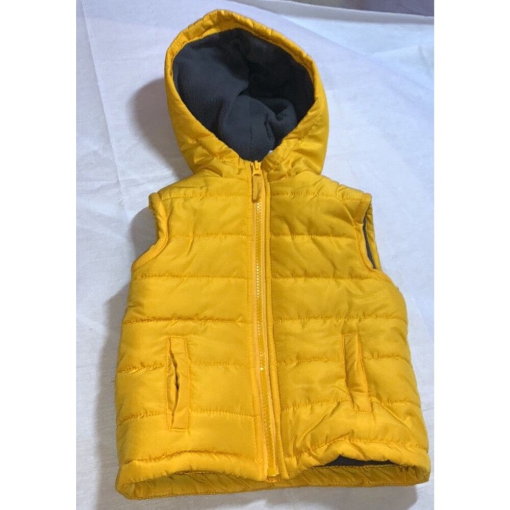Little Me Yellow Vest Jacket 18 months Boys unisex baby toddler puffer zip Hood
